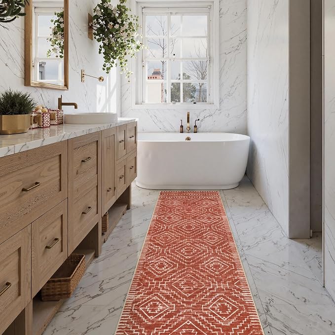 Wonnitar Moroccan 2'6"x8' Hallway Runner Rug, Washable Long Farmhouse Laundry Room Rug Runner, Non-Skid Boho Tribal Geometric Floor Carpet Runners for Kitchen Entrance Bathroom (Brown,2'6"x8')