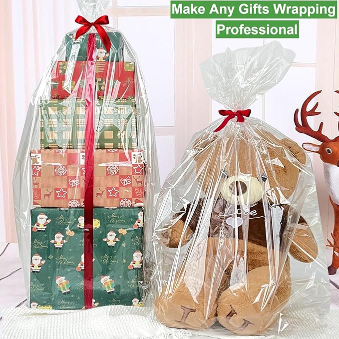 SYOGUA Large Clear Cellophane Bags, 3 Mil Thick 30" x 40" Jumbo Gift Baskets Bags, Crystal Clear Cellophane Wrap Big Plastic Christmas Gift Bags for Packaging 10 Pack