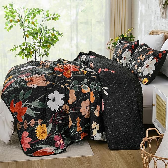 Anibedding Black Quilt Set Queen Size, Colorful Floral Bedspread with 2 Pillowcases, Soft Microfiber Lightweight Coverlet Bedding Set for All Season(96"x90")