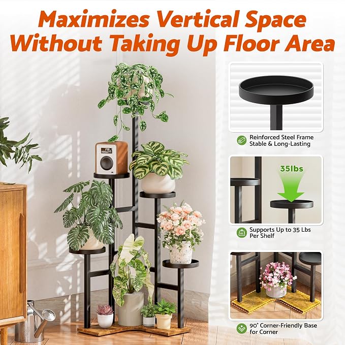 5 Tiered Plant Stand Indoor with 7.1 Inch Wide Tray, Corner Metal Plant Stand Outdoor Tall Flower Holder Stand, Tall Rack for Display Shelf for Patio Porch Office LivingRoom - BlackDisk