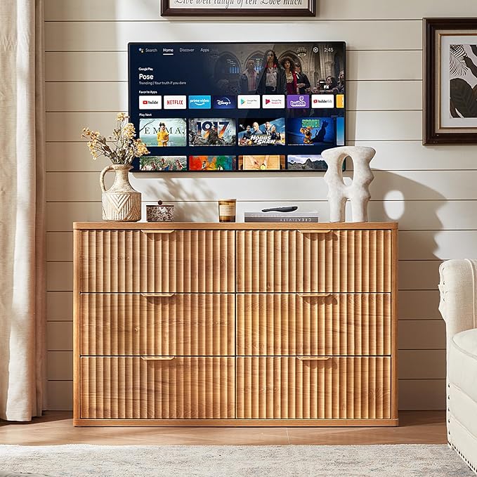 LEYAOYAO Fluted 6 Drawers Dresser Set of 2, 48" Wide Modern Chest of Drawers with Woodgrain Top, Curved Profile Design, Dresser TV Stand, Wood Drawer Organizer for Bedroom, Living Room, Hallway,Brown