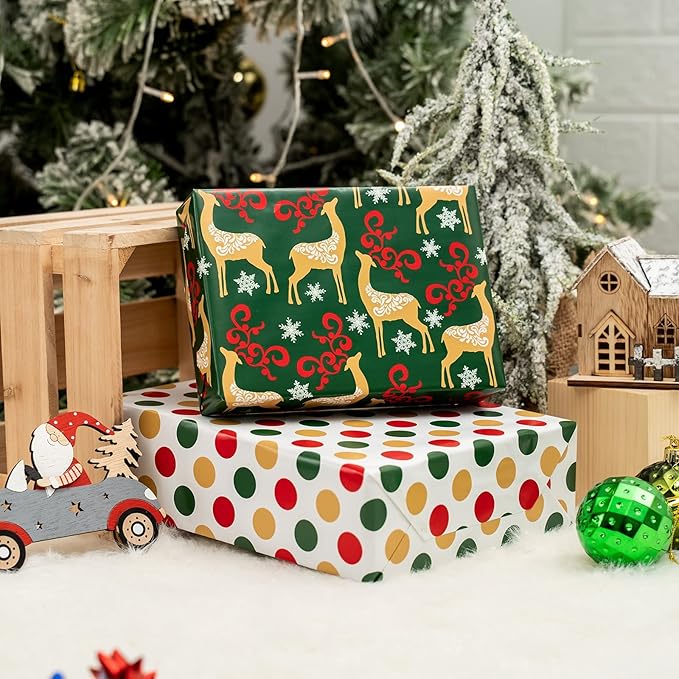 MAYPLUSS Christmas Reversible Wrapping Paper - Mini Roll - 17 Inch X 32.8 Feet - Gold Elk & Polka dots Pattern (47.3 sq.ft.ttl)