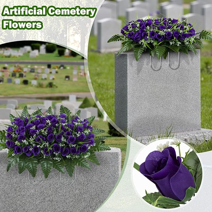 Artificial Cemetery Flowers Saddles, Artificial Memorial Rose Flowers, Outdoor Grave Saddle for Headstone Tombstone Decorations (Purple)