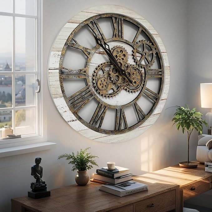 ImprovingLife The Gears Clock The Original Real Moving Gear Wall Clock Vintage Industrial Oversized Rustic Farmhouse (24 inch (60cm), Vintage Desert Beige and Bronze)