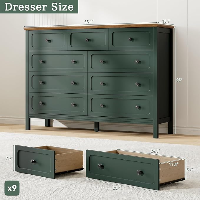 Dresser for Bedoom, Modern Chest of Drawers, Wood 9 Drawer Dresser with Metal Handles, Storage Organizer Wide Dressers for Living Room, Hallway, Entryway, Green