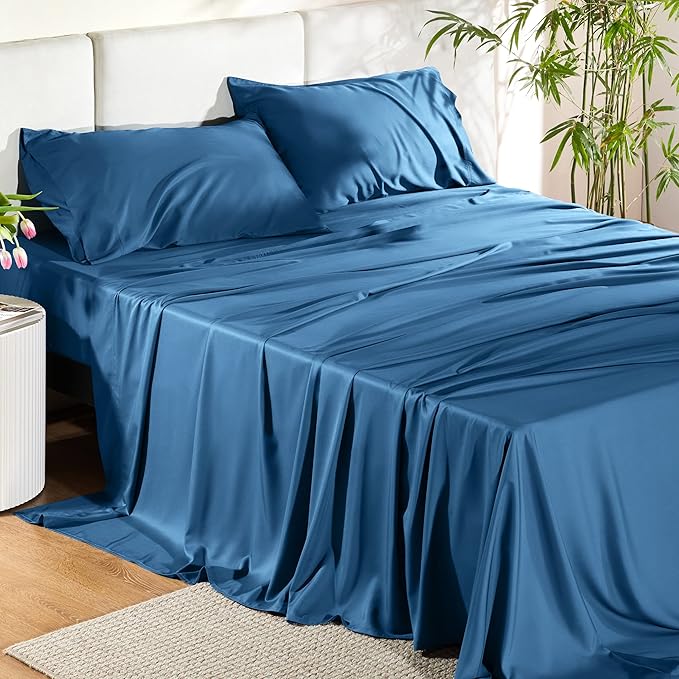 Bedsure Queen Sheet Set, Rayon Derived from Bamboo, Cooling Sheets, Deep Pocket Up to 16", Breathable & Soft, Hotel Luxury Silky Bedding for Hot Sleepers, Teal