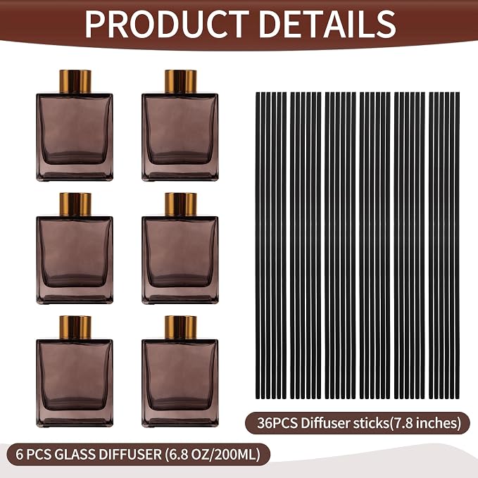 6 Pack Perfume Reed Diffuser Bottle,Empty Square Essential Oil Bottles Glass Jar with Black Sticks for DIY Fragrance Replacement Diffuser Sets (200ml/6.8 oz, Brown Color)
