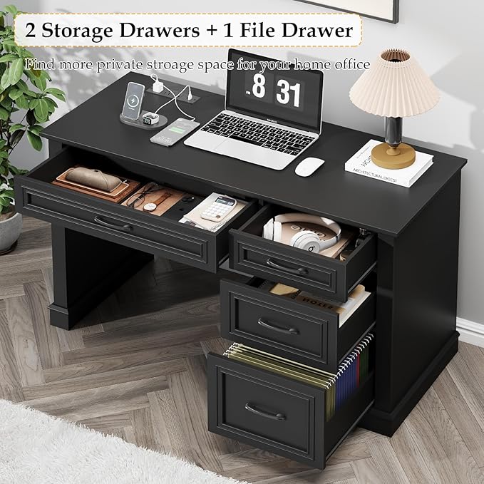 Farmhouse 47" Executive Desk, Computer Desk with Drawers and File Drawer, Workstation Computer Desk with Charging Station for Home Office, Study,(Pure Black)