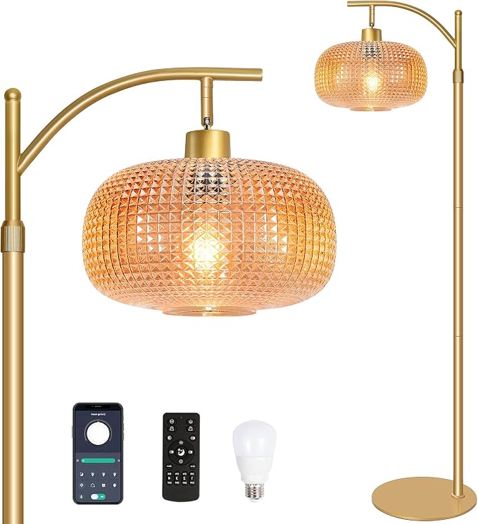 Glass Floor Lamp for Living Room, Modern Standing Lamp for Bedroom, Dimmable Tall Lamp with Shade, Remote,12W LED Bulb Included (Gold+Amber)