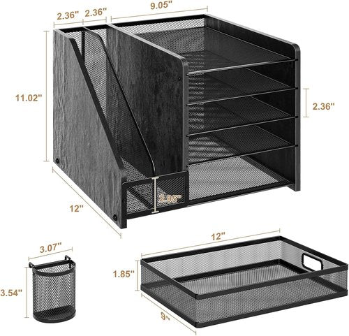 Marbrasse Desk Organizer - 5-Tier Paper Tray with Drawer & 2 Pen Holders | Mesh Storage for Office Supplies - Wood Black