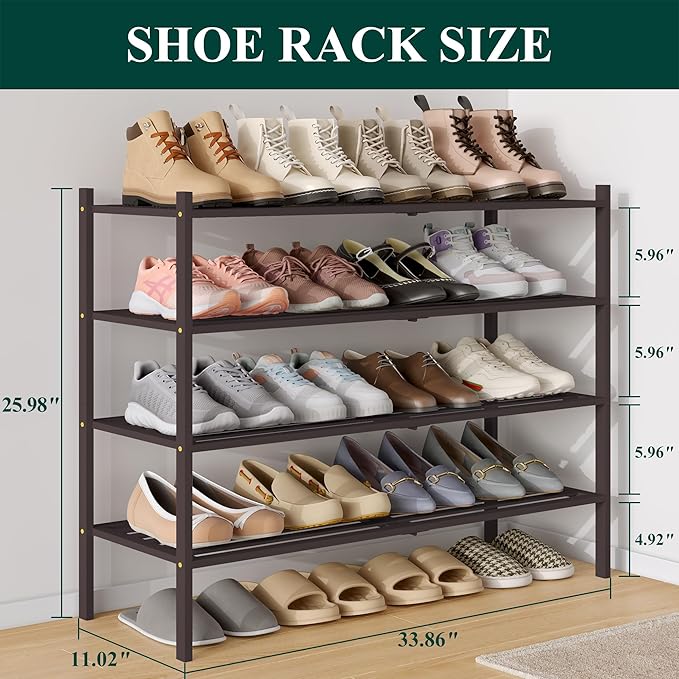 Smiry Long Bamboo Shoe Rack 4-Tier, Stackable Wooden Shoe Organizer for Entryway & Closet, Free Standing Wood Shoe Storage Shelf for Front Door & Small Spaces, Brown