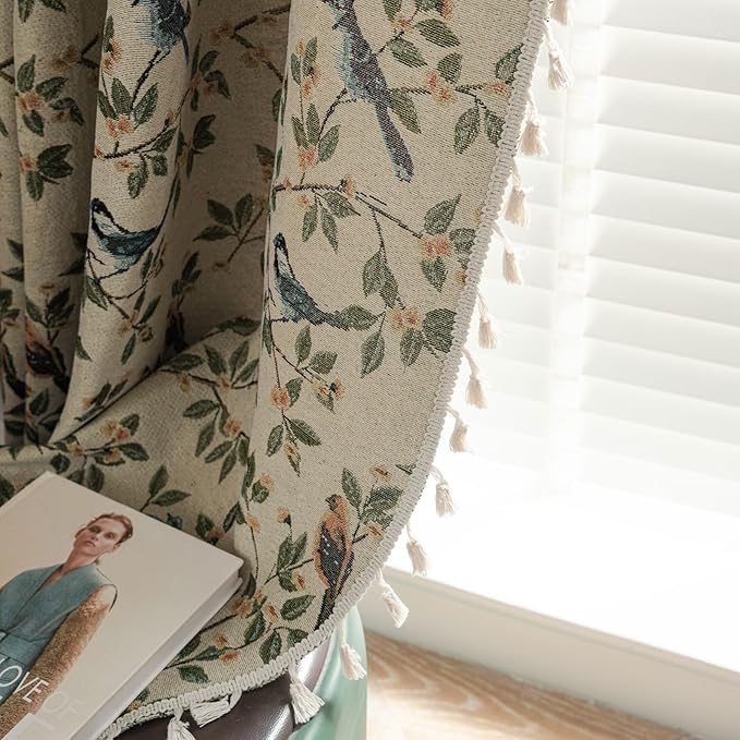 ENJOYBRIDAL Floral 84 Inches Curtains for Bedroom Jacquard Drapes Bird Patterned Semi Sheer Boho Living Room Window Curtains 2 Panels Farmhouse Rod Pocket Light Filtering Decorative Window Treatments