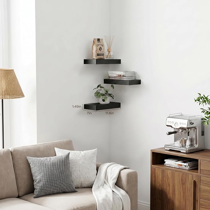 Black Floating Shelves for Wall Set of 3, 11.8 Inch Small Wall Shelves for Bathroom Over Toilet, Home Office & Bedroom Storage, Wall Mounted Shelf Set for Decor, Books & Collectibles