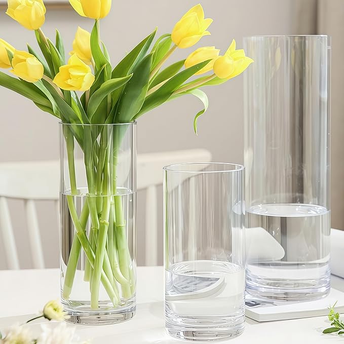 3 Acrylic Cylinder Clear Vase for Centerpieces, Tall Large Unbreakable Plastic Flower Vases for Home Decor (D 4.8" X H 7.8" - H 12" + 2 Holder)
