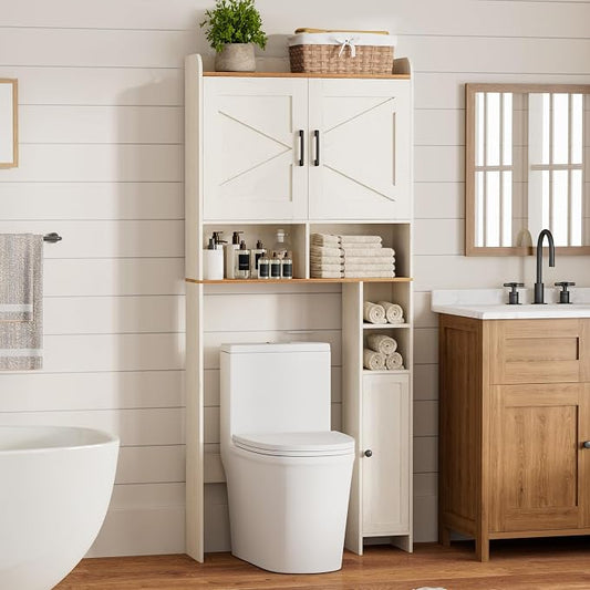 Homhedy Over The Toilet Storage Cabinet with 2 Barn Door and Toilet Paper Holder Stand, FreeStanding Toilet Shelf Space Saver, for Bathroom, Restroom, Laundry, Rustic White and Brown
