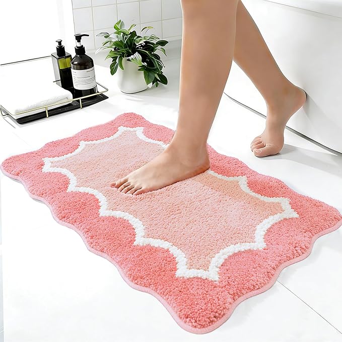 Scalloped Coral Pink Bathroom Rugs Mat,Non Slip Absorbent Quick Dry Bath Mats for Shower Room,Plush Microfiber Bath Rug for Bathroom Floor Washable Carpet for Shower Tub Sink Bedroom,16"x24"