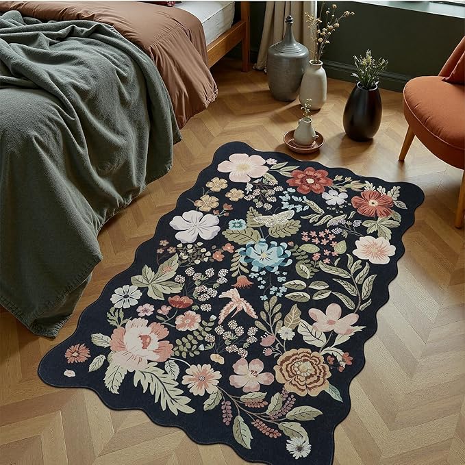 DCX Black Floral Rug 2x3, Washable Black Rug for Living Room, Kid & Pet Friendly with Rubber Back Non Slip, Soft Low Pile Carpet, Stain Resistant Rug for Bedroom, Nursery, Dining Room