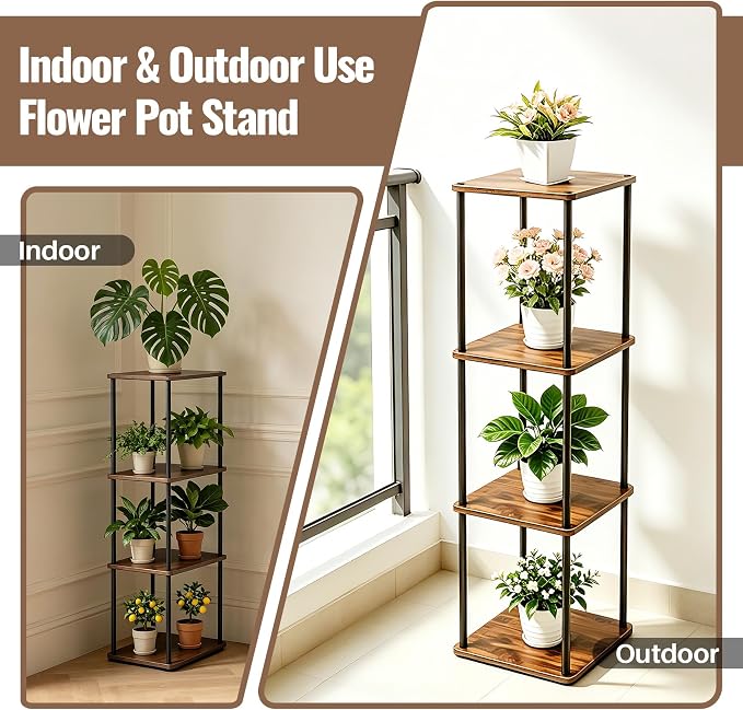 Vigordream Plant Stand Indoor Outdoor Tier Metal Plant Shelf Tall Pedestal Stand Flower Pot Stands Multiple Planter Support Rack for Corner Living Room, Balcony, Garden Patio (Retro Brown, 47.4INCH)
