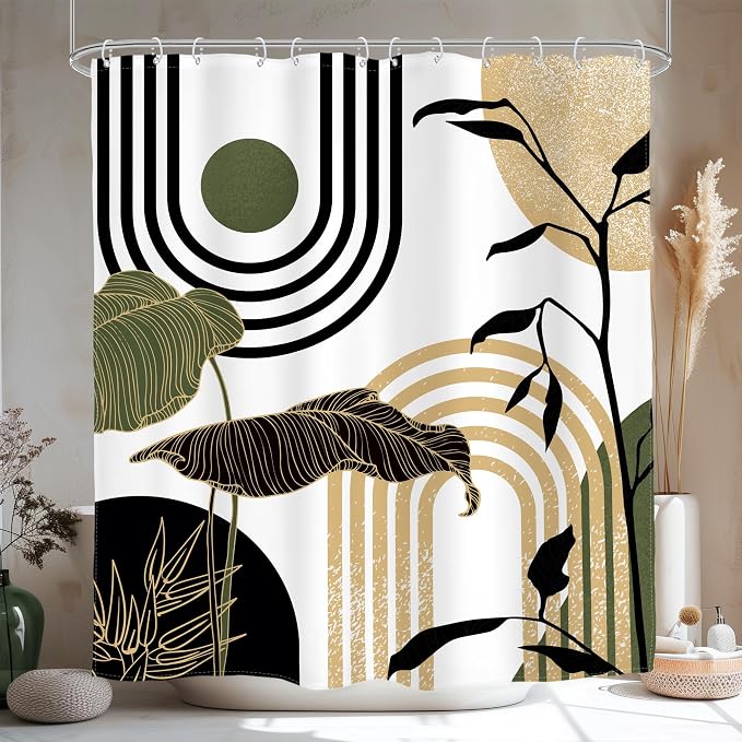 Glawry Green Gold Abstract Mid Century Shower Curtain Boho Retro Tropical Palm Sun Arch Minimalist Bathroom Modern Aesthetic Geometric 60Wx72L Inches Bath Accessories Home Decor Fabric 12 Pack Hooks