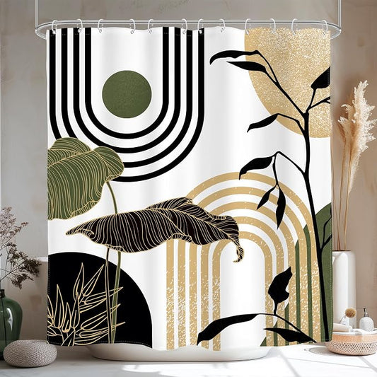 Glawry Green Gold Abstract Mid Century Shower Curtain Boho Retro Tropical Palm Sun Arch Minimalist Bathroom Modern Aesthetic Geometric 60Wx72L Inches Bath Accessories Home Decor Fabric 12 Pack Hooks