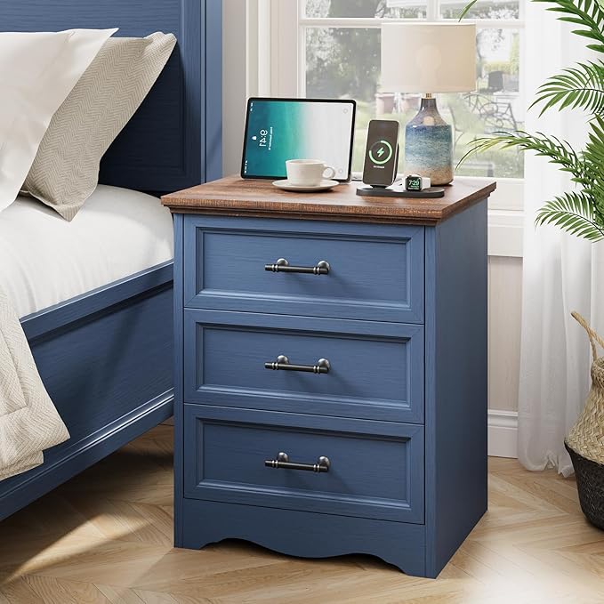 Blue Nightstand with Charging Station, 19.7" Farmhouse End Table with 3 Drawers Storage, Wooden Night Stand, Bed Side Table with Unique Base Design, 3 Drawer Dresser for Bedroom, Living Room
