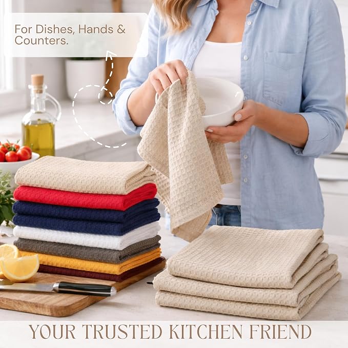Beige Waffle Kitchen Dish Towels, 100% Cotton, Quick Dry, Super Absorbent, Soft, Lint-Free, 16x26 Inches - Ideal for Dish Drying, Bar, Tea, Cleaning, and Everyday Use, 12 Pack, Tan
