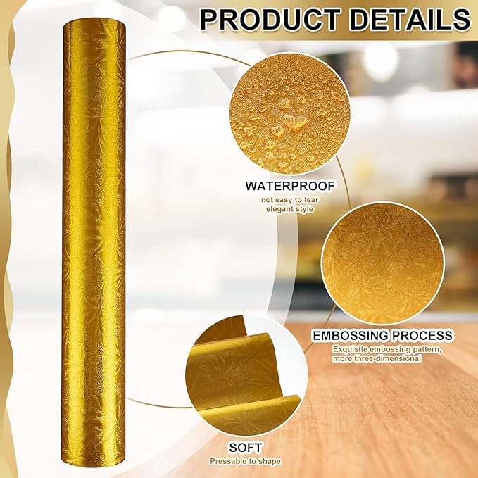 Jecery Embossed Floral Foil Paper Metallic Wrapping Paper Colored Foil Sheets for Crafts Scrapbook Florist Cake Board Cake Drums Christmas Party Gift Wrapping, 15.7 Inch 46 ft(Gold)