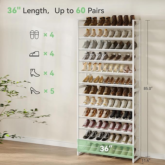 Nunsino Shoe Rack,12 Tier Metal Shoe Organizer,Max Holds 60 Pairs,Heavy Duty Shoes Shelf for Garage, Entryway, Closet,White