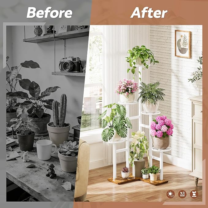6 Tier Plant Stand Indoor Outdoor, Tall Metal Wood Shelf Tiered Planter Display Shelving Unit for Living Room Bedroom Balcony