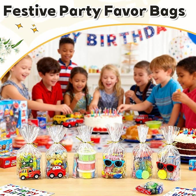 PigPotParty Cellophane Treat Bags 6"x9", 50 Pack Clear Goodie Bags, Bottom Gusset for Stand-Up Display, Small Plastic Gift Wrap for Cookies, Candy, Party Favors, Popcorn, Includes 50 Gold Ties