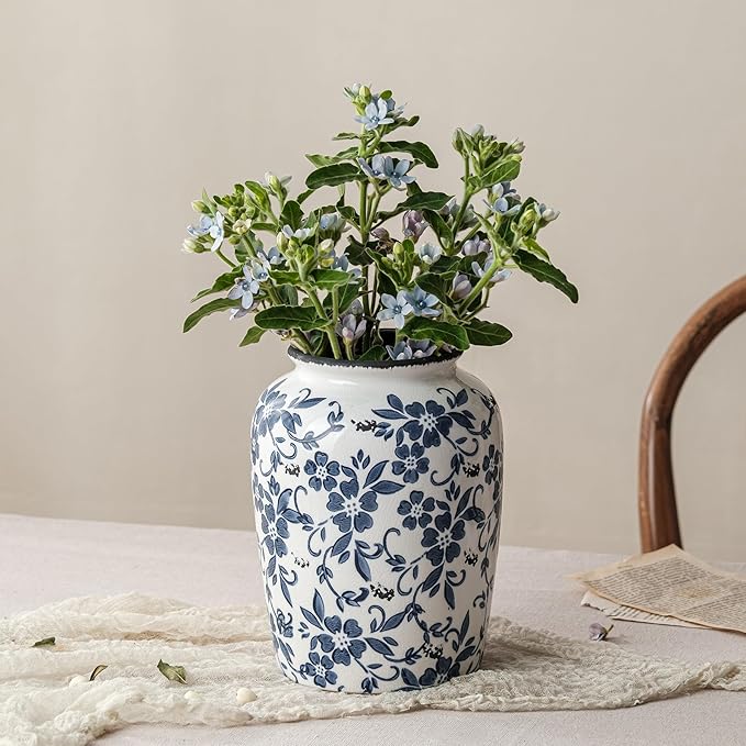 Blue and White Vintage Vase, Ceramic Chinoiserie Floral Vases, Retro Ice Cracked Round Farmhouse Rustic Large Flower Vases for Home Decor Centerpieces, Living Room, Bookshelf, Office 7.8 Inch