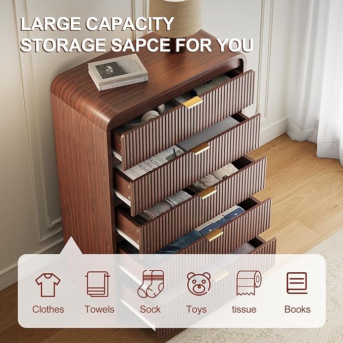 FURSUN Fluted 5 Drawers Dresser for Bedroom, 48" Tall Wooden Modern Dresser with Metal Handle, Curved Profile Design, Storage Organizer for Living Room, Hallway（Dark Walnut）