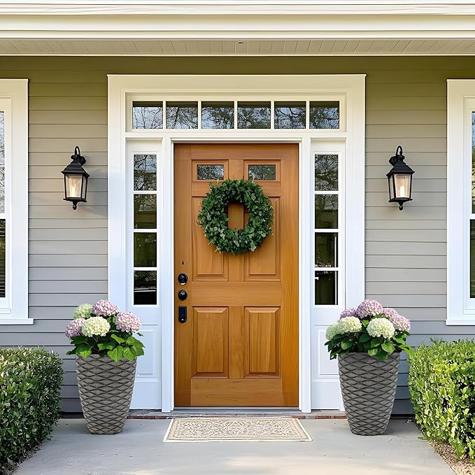 19" Resin Tall Outdoor Planters (Set of 2), Rustic Washed Black Finish Flower Pots with Wave Texture, Weather-Resistant for Porch, Garden, or Patio