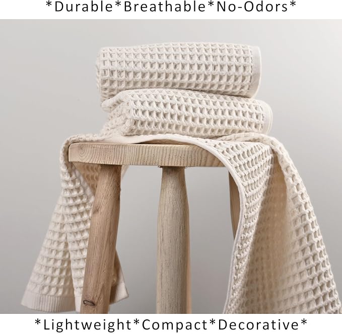 PÜSKÜL Organic Waffle Kitchen Towel Pure 100% Turkish Cotton Set of 3 Natural Raw-Undyed Towel - Premium Quality Soft Quick-Dry Absorbent Lint-Free Hand & Dish Towels Large 32X16 (3, Natural Beige)