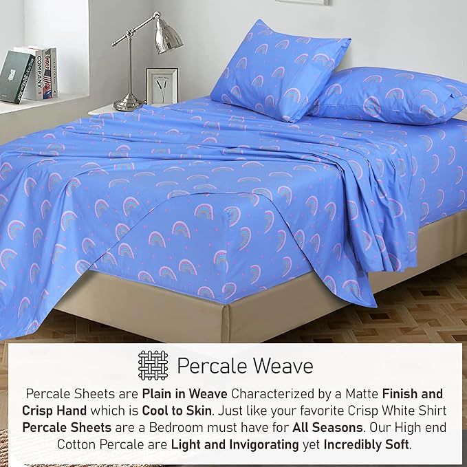 RUVANTI 100% Cotton Twin Sheets Set, 3 Pieces, Soft & Breathable Percale Weave Bedding, Deep Pocket 16", Hotel Standard, Crisp Cool Feel, Durable, Perfect Floral Bed Sheet, Baby Rainbow
