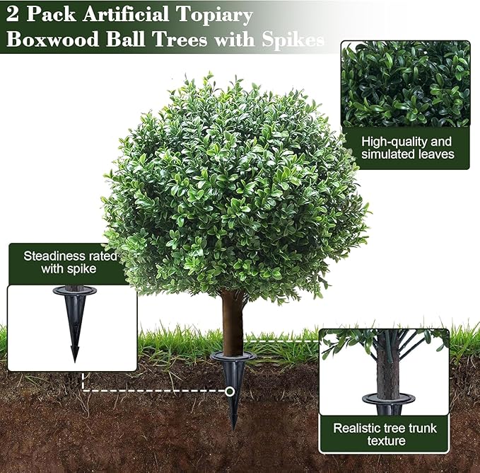 24''T 17''D Artificial Boxwood Ball Topiary Tree, Set of 2 Boxwood Ball-Shaped Artificial Topiary【UV Resistant】, for Porch Outdoor or Indoor