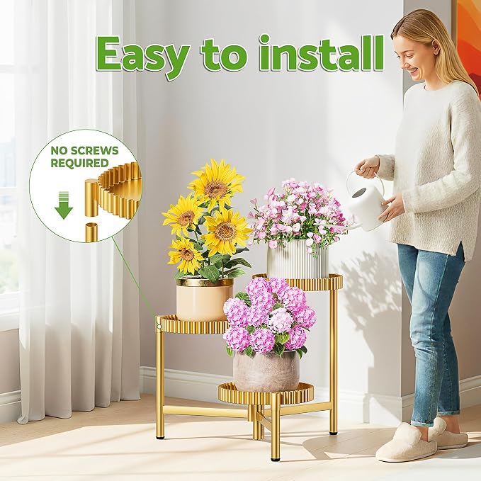 Stand Plants, 3 Tier Metal Corner Plant Stands for Outdoor Indoor, Heavy Duty Flower Pot Stands for Multiple Plants, Decoration Floding Tall Display Racks for Patio Garden -GoldFloroma