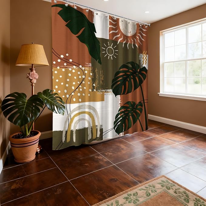 Mid Century Modern Shower Curtain Boho Abstract Tropical Leaf Shower Curtains for Bathroom Decor Sets, Waterproof Cloth Fabric with Hooks, 70x72 Inch