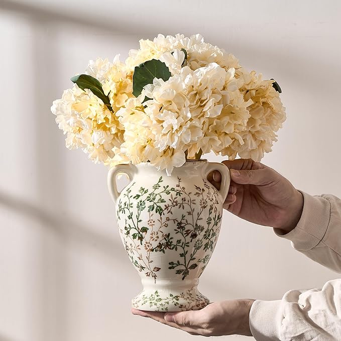 Green and Beige Antique Vase with Handles, Vintage Chinoiserie Floral Vase, Rustic Ceramic Vase for Home Decor, Living Room, Bookshelf, Office, Entryway, Garden, Chinoiserie Decor, Tuscan Decor