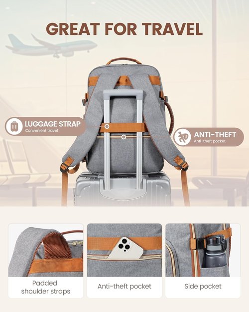 LOVEVOOK Travel Backpack - 40L Airline Approved Carry-On Bag with 3 Packing Cubes | Waterproof Grey-Brown