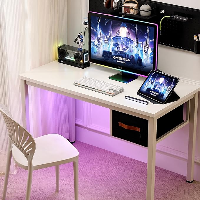 White Computer Desk with Drawer, 47 Inch Home Office Work Desks, Modern Writing Study PC Desk Gaming Table for Small Place Bedroom, Thickened Tabletop and Stable Metal Frame Leg Support
