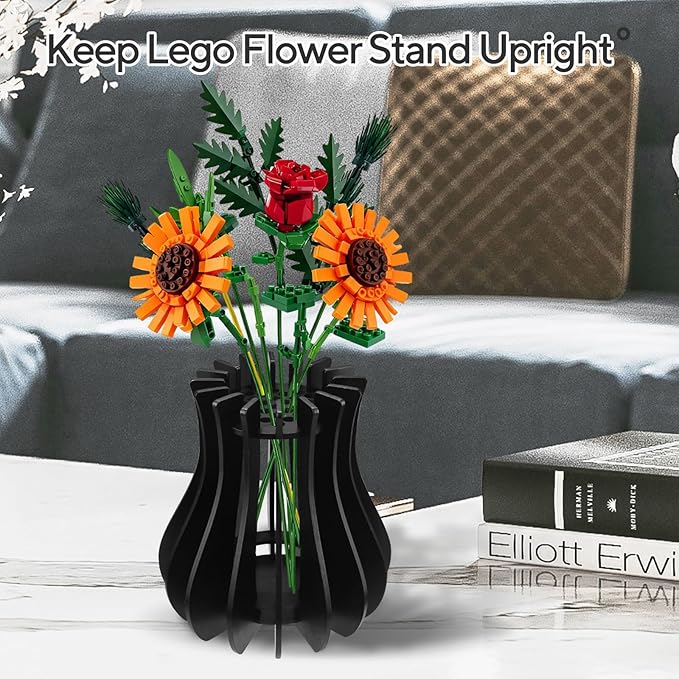 Wooden Vase for Lego Flowers - Wooden Vase for Lego Bouquet, Wood Vases Puzzle Set for LegoRoses Sunflower Tulips, Vases Kit for Artificial Bouquet Arrangement Home and Office Decoration(Black)