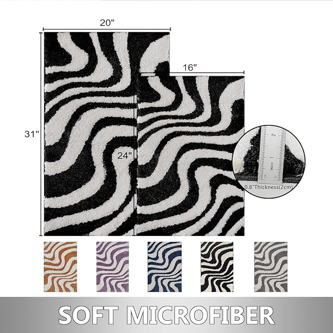 Civkor Black and White Bathroom Rug, Microfiber Bath Mat for Bathroom, Bath Mat with Non Slip TPR Backing, Machine Washable Quick Dry 20x31Inch Rug for Floor, Shower, Sink