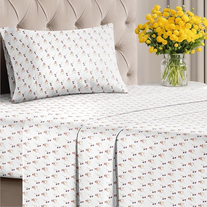Floral Sheets - Pink & Purple Floral Bed Sheet Set - 1 Flat, 1 Fitted & 1 Pillowcase w/ Deep Pockets - Comfy, Wrinkle & Fade Free - Boho Botanical Bedding - Soft, Breathable & Cooling - Twin Size Set