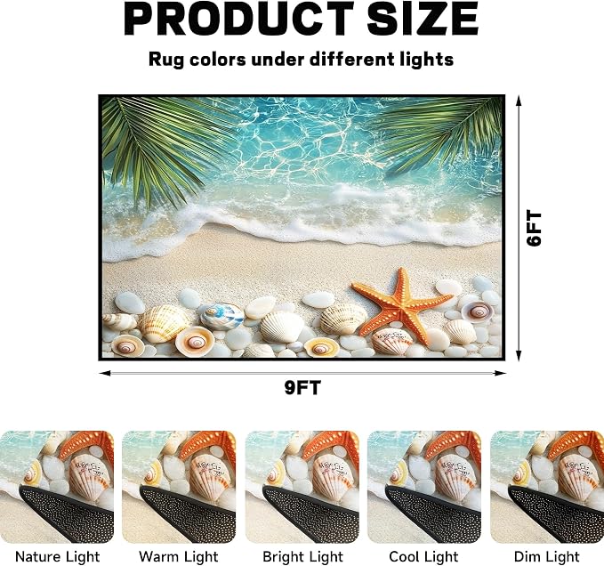 6'x9' Beach Rug Starfish Seashell Area Rugs for Bedroom Living Room Kitchen Nursery Playroom Home Decor Ocean Sea Wave Carpt 3D Non Slip Washable Throw Rug Coastal Seaside Floor Mat