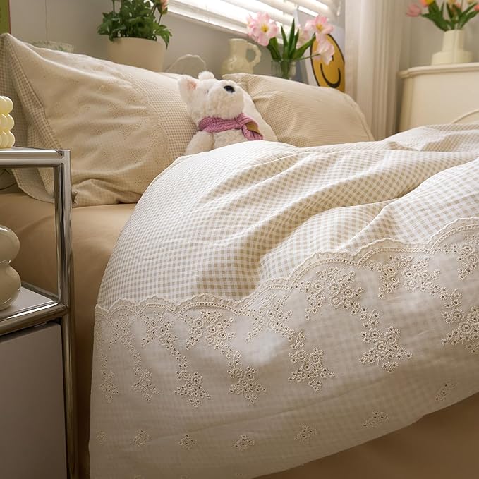 LifeTB Tan Gingham Duvet Cover Queen 3 Pieces Romantic Lace Duvet Cover Vintage Plaid Checkered Comforter Cover with 2 Pillowcases Soft Microfiber Beige Tan Grid Farmhouse Plaid Bedding Set