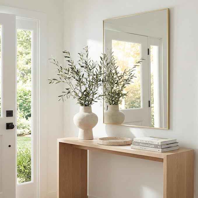 48"x36" Gold Landscape Bathroom Mirror for 48-60 inch Vanity, Shatterproof Tempered Glass, Narrow Metal Frame, Ultra-Flush Mount
