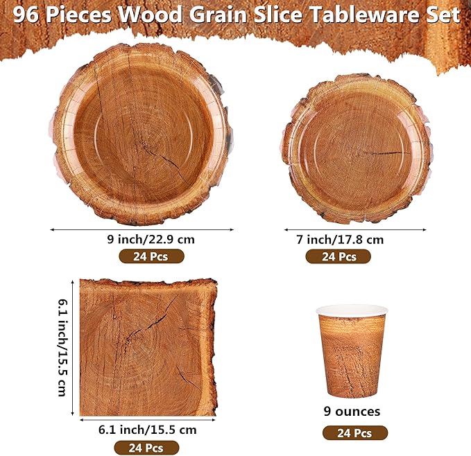 96 Pieces Wood Grain Slice Tableware Sets Rustic Wood Party Supplies Including Paper Plates, Napkins, Cups, Serves 24 for Camping Birthday Hunting Forest Party Decorations