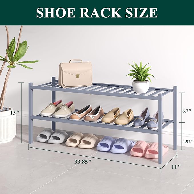 Smiry Bamboo Shoe Rack for Closet, 2 Tier Long Wooden Stackable Shoe Organizer, Free Standing Shoes Storage Shelf for Entryway, Front Door Entrance, Grey