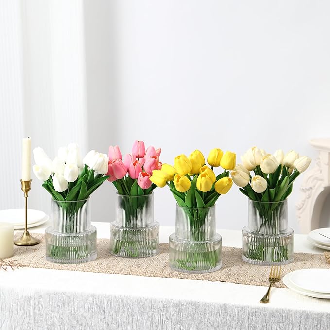 Ribbed Glass Vases, Set of 4 Small Vases for Flowers, Clear Glass Vase for Tulips, Modern Vase for Living Room, Kitchen, Office, Entryway, Bookshelf, Wedding Gifts, Birthday, 6 Inches